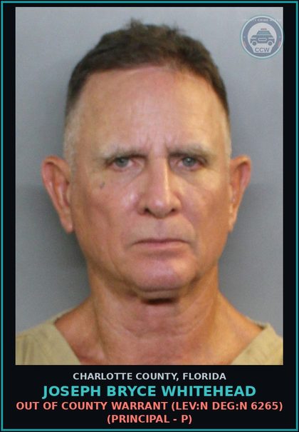 CCW arrest card for JOSEPH BRYCE WHITEHEAD in Charlotte County: Out of County Warrant (LEV:N DEG:N 6265) (Principal - P)