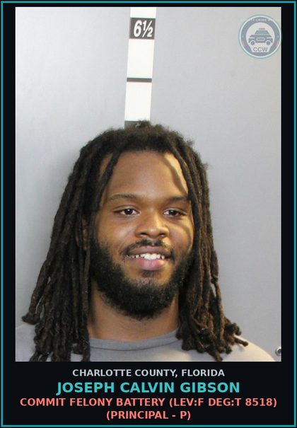 CCW arrest card for JOSEPH CALVIN GIBSON in Charlotte County: COMMIT FELONY BATTERY (LEV:F DEG:T 8518) (Principal - P)