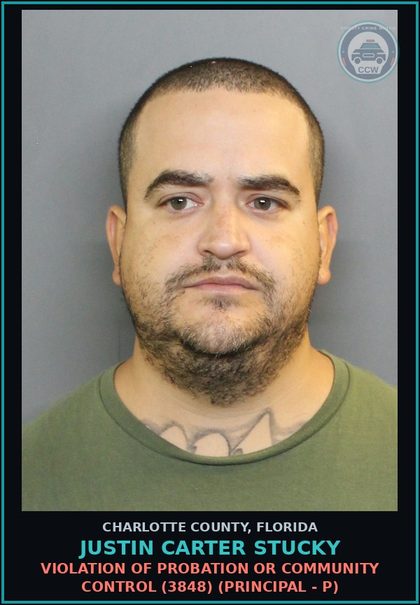 CCW arrest card for JUSTIN CARTER STUCKY in Charlotte County: Violation of probation or community control (3848) (Principal - P)