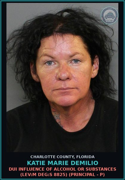 CCW arrest card for KATIE MARIE DEMILIO in Charlotte County: DUI INFLUENCE OF ALCOHOL OR SUBSTANCES (LEV:M DEG:S 8825) (Principal - P)
