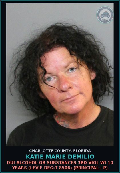 CCW arrest card for KATIE MARIE DEMILIO in Charlotte County: DUI ALCOHOL OR SUBSTANCES 3RD VIOL WI 10 YEARS (LEV:F DEG:T 8506) (Principal - P)