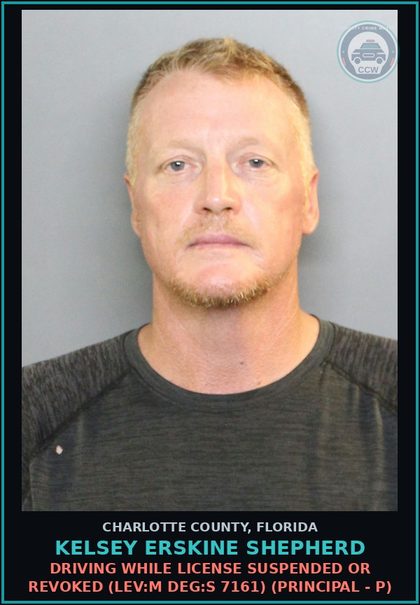 CCW arrest card for KELSEY ERSKINE SHEPHERD in Charlotte County: Driving While License Suspended or Revoked (LEV:M DEG:S 7161) (Principal - P)