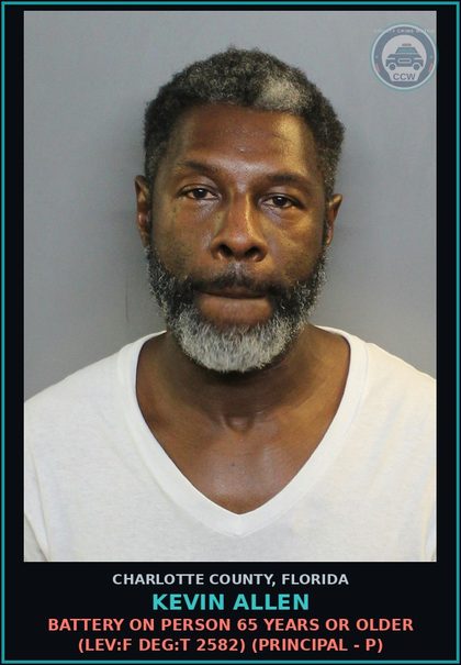 CCW arrest card for KEVIN ALLEN in Charlotte County: Battery On Person 65 Years or Older (LEV:F DEG:T 2582) (Principal - P)