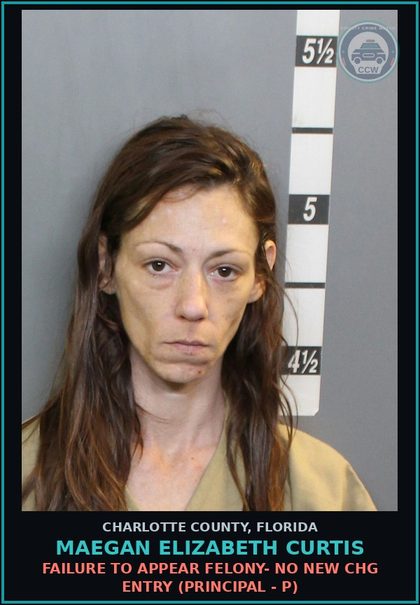 CCW arrest card for MAEGAN ELIZABETH CURTIS in Charlotte County: FAILURE TO APPEAR FELONY- NO NEW CHG ENTRY (Principal - P)