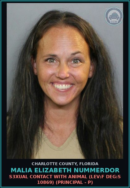 CCW arrest card for MALIA ELIZABETH NUMMERDOR in Charlotte County: S3XUAL CONTACT WITH ANIMAL (LEV:F DEG:S 10869) (Principal - P)