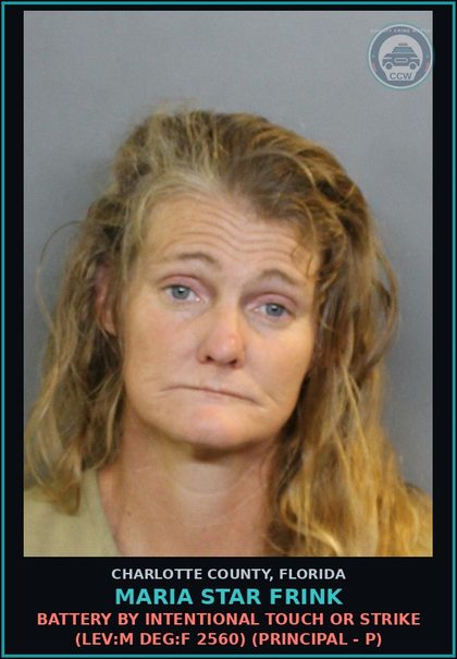 CCW arrest card for MARIA STAR FRINK in Charlotte County: Battery by Intentional Touch or Strike (LEV:M DEG:F 2560) (Principal - P)
