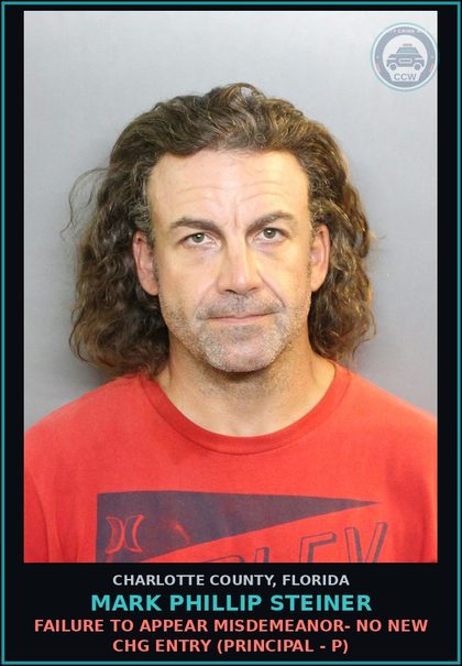 CCW arrest card for MARK PHILLIP STEINER in Charlotte County: FAILURE TO APPEAR MISDEMEANOR- NO NEW CHG ENTRY (Principal - P)