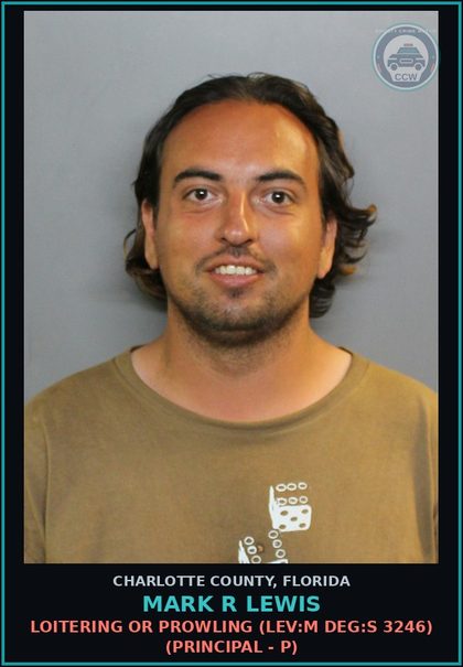 CCW arrest card for MARK R LEWIS in Charlotte County: Loitering or Prowling (LEV:M DEG:S 3246) (Principal - P)