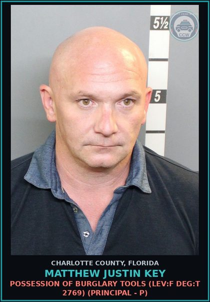 CCW arrest card for MATTHEW JUSTIN KEY in Charlotte County: Grand Theft Property More than $300 but less than $5,000(LEV:F DEG:T 4088) (Principal - P)