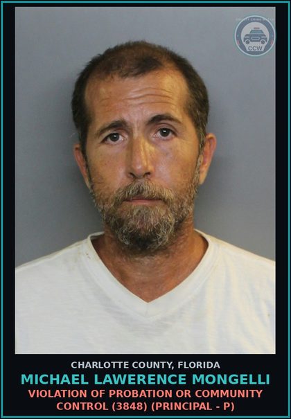 CCW arrest card for MICHAEL LAWERENCE MONGELLI in Charlotte County: Violation of probation or community control (3848) (Principal - P)