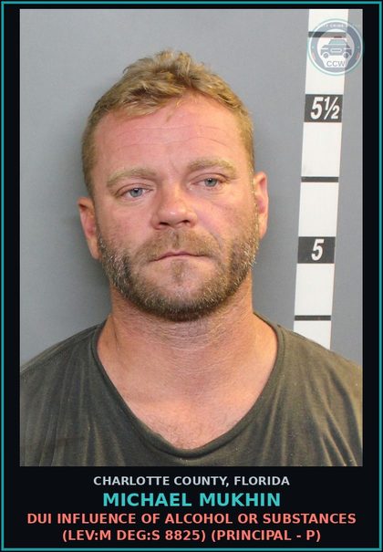 CCW arrest card for MICHAEL MUKHIN in Charlotte County: Resisting Officer Without Violence (LEV:M DEG:F 3143) (Principal - P)