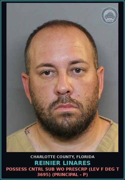 CCW arrest card for REINIER LINARES in Charlotte County: Possess Cntrl Sub WO PRESCRP (LEV F DEG T 3695) (Principal - P)