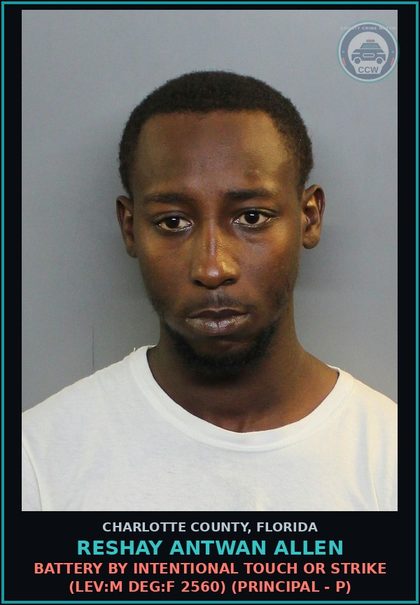 CCW arrest card for RESHAY ANTWAN ALLEN in Charlotte County: Battery by Intentional Touch or Strike (LEV:M DEG:F 2560) (Principal - P)