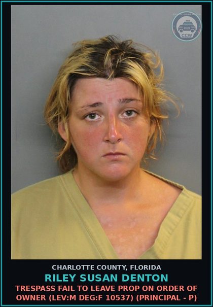 CCW arrest card for RILEY SUSAN DENTON in Charlotte County: TRESPASS FAIL TO LEAVE PROP ON ORDER OF OWNER (LEV:M DEG:F 10537) (Principal - P)
