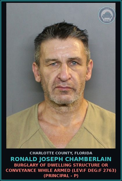 CCW arrest card for RONALD JOSEPH CHAMBERLAIN in Charlotte County: Grand Theft of Firearm (LEV:F DEG:T 2791) (Principal - P)