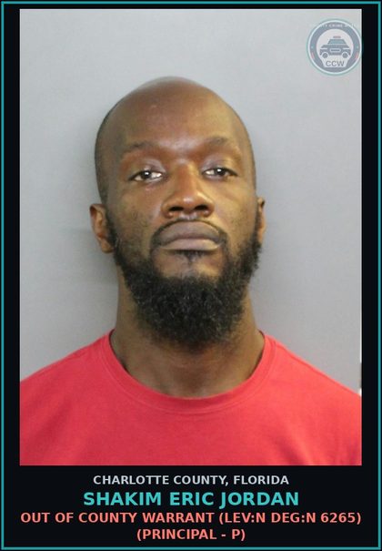 CCW arrest card for SHAKIM ERIC JORDAN in Charlotte County: Out of County Warrant (LEV:N DEG:N 6265) (Principal - P)
