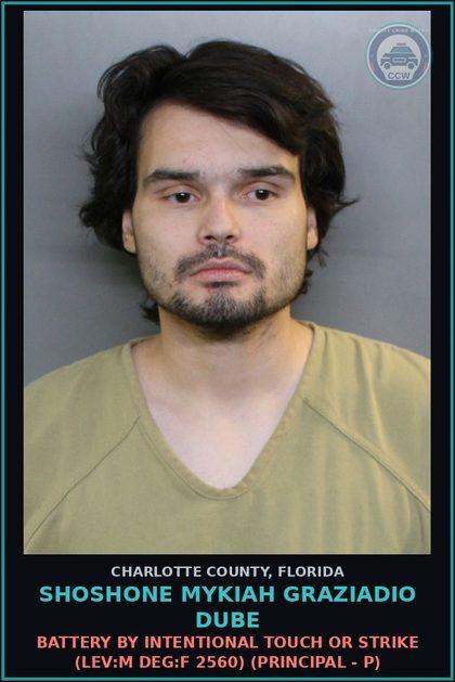 CCW arrest card for SHOSHONE MYKIAH GRAZIADIO DUBE in Charlotte County: Battery by Intentional Touch or Strike (LEV:M DEG:F 2560) (Principal - P)