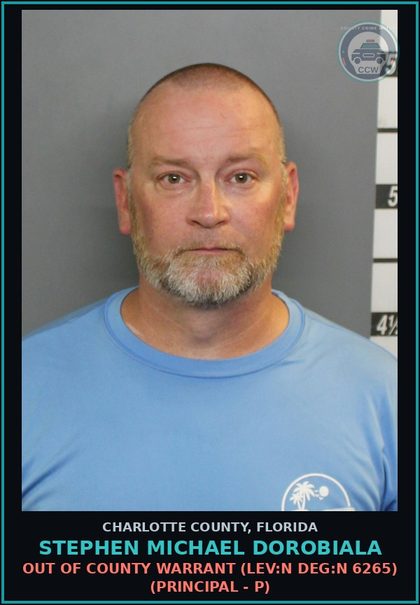 CCW arrest card for STEPHEN MICHAEL DOROBIALA in Charlotte County: Out of County Warrant (LEV:N DEG:N 6265) (Principal - P)
