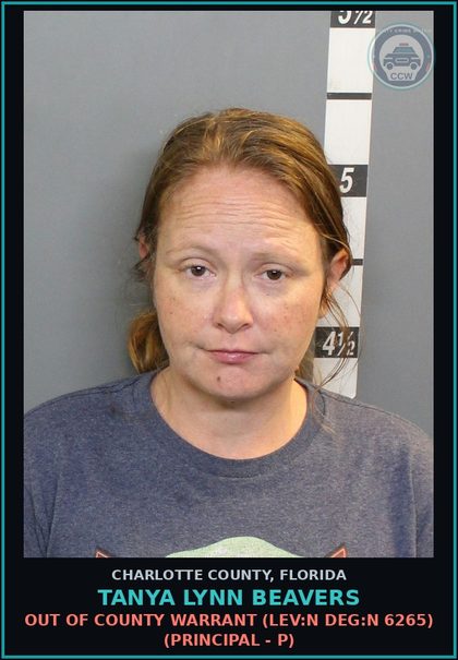CCW arrest card for TANYA LYNN BEAVERS in Charlotte County: Out of County Warrant (LEV:N DEG:N 6265) (Principal - P)