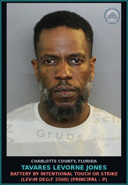 CCW arrest card for TAVARES LEVORNE JONES in Charlotte County: Battery by Intentional Touch or Strike (LEV:M DEG:F 2560) (Principal - P)