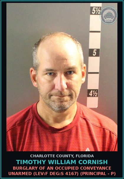 CCW arrest card for TIMOTHY WILLIAM CORNISH in Charlotte County: Battery by Intentional Touch or Strike (LEV:M DEG:F 2560) (Principal - P)