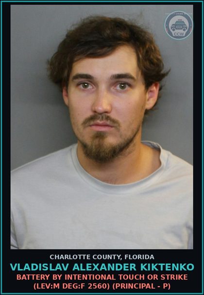 CCW arrest card for VLADISLAV ALEXANDER KIKTENKO in Charlotte County: Battery by Intentional Touch or Strike (LEV:M DEG:F 2560) (Principal - P)