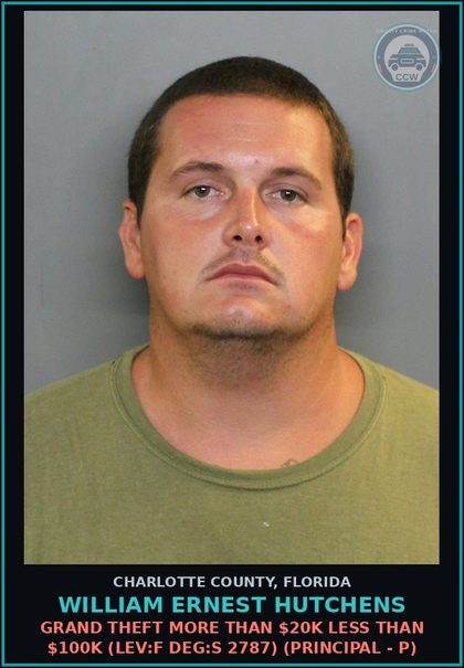 CCW arrest card for WILLIAM ERNEST HUTCHENS in Charlotte County: Possess Any Outboard Boat Motor With Serial Number Removed (LEV:F DEG:T 3276) (Principal - P)