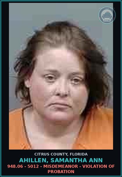 CCW arrest card for AHILLEN, SAMANTHA ANN in Citrus County: 948.06 - 5012 - MISDEMEANOR - VIOLATION OF PROBATION