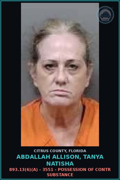 CCW arrest card for ABDALLAH ALLISON, TANYA NATISHA in Citrus County: 893.13(6)(A) - 3551 - POSSESSION OF contr substance