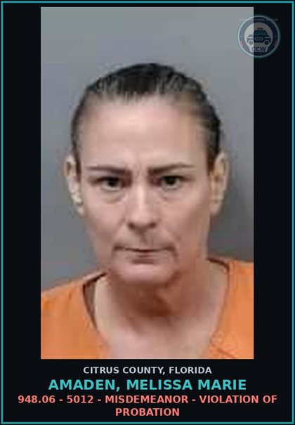 CCW arrest card for AMADEN, MELISSA MARIE in Citrus County: 948.06 - 5012 - MISDEMEANOR - VIOLATION OF PROBATION
