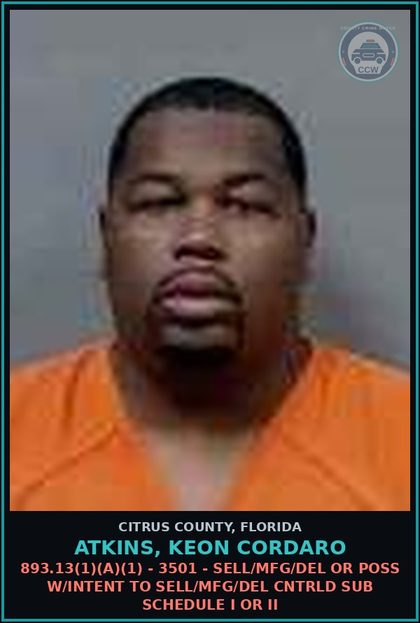 CCW arrest card for ATKINS, KEON CORDARO in Citrus County: 893.13(1)(A)(1) - 3501 - SELL/MFG/DEL OR POSS W/INTENT TO SELL/MFG/DEL CNTRLD SUB SCHEDULE I OR II