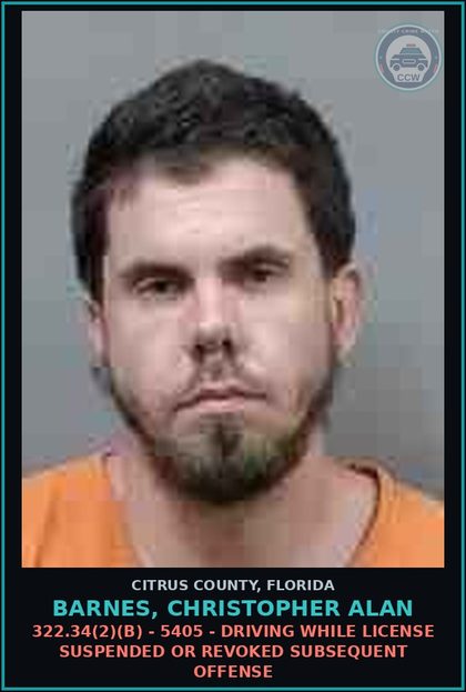 CCW arrest card for Barnes, Christopher Alan in Citrus County: 322.34(2)(B) - 5405 - DRIVING WHILE LICENSE SUSPENDED OR REVOKED SUBSEQUENT OFFENSE