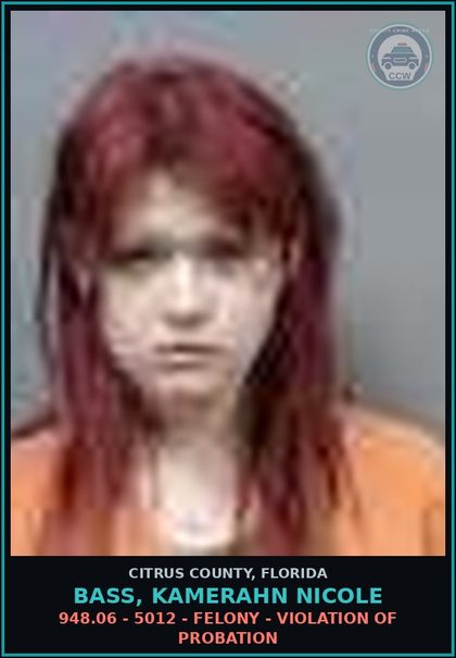 CCW arrest card for BASS, KAMERAHN NICOLE in Citrus County: 948.06 - 5012 - FELONY - VIOLATION OF PROBATION