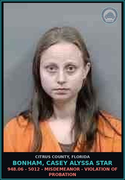 CCW arrest card for BONHAM, CASEY ALYSSA STAR in Citrus County: 948.06 - 5012 - MISDEMEANOR - VIOLATION OF PROBATION