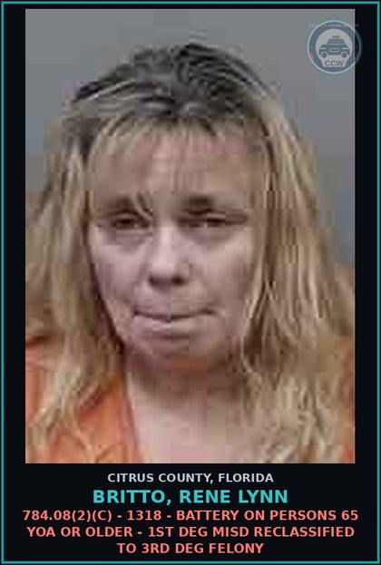 CCW arrest card for BRITTO, RENE LYNN in Citrus County: 784.08(2)(C) - 1318 - BATTERY ON PERSONS 65 YOA OR OLDER - 1ST DEG MISD RECLASSIFIED TO 3RD DEG FELONY