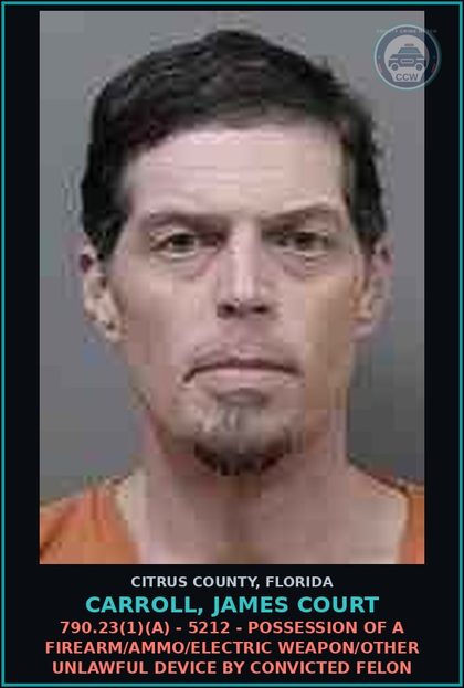 CCW arrest card for CARROLL, JAMES COURT in Citrus County: 790.23(1)(A) - 5212 - POSSESSION OF A FIREARM/AMMO/ELECTRIC WEAPON/OTHER UNLAWFUL DEVICE BY CONVICTED FELON