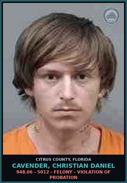 CCW arrest card for CAVENDER, CHRISTIAN DANIEL in Citrus County: 948.06 - 5012 - FELONY - VIOLATION OF PROBATION