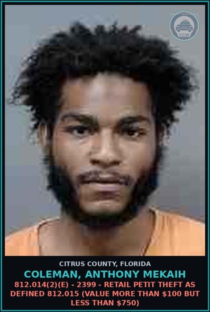 CCW arrest card for COLEMAN, ANTHONY MEKAIH in Citrus County: 812.014(2)(E) - 2399 - RETAIL PETIT THEFT AS DEFINED 812.015 (Value more than $100 but less than $750)
