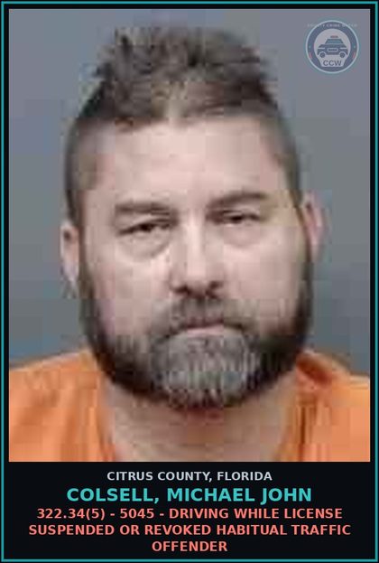 CCW arrest card for COLSELL, MICHAEL JOHN in Citrus County: 322.34(5) - 5045 - DRIVING WHILE LICENSE SUSPENDED OR REVOKED HABITUAL TRAFFIC OFFENDER