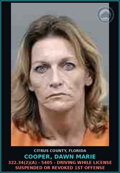 CCW arrest card for COOPER, DAWN MARIE in Citrus County: 322.34(2)(A) - 5405 - DRIVING WHILE LICENSE SUSPENDED OR REVOKED 1ST OFFENSE