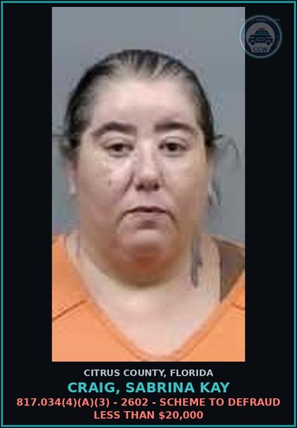 CCW arrest card for Craig, Sabrina Kay in Citrus County: 817.034(4)(A)(3) - 2602 - SCHEME TO DEFRAUD LESS THAN $20,000