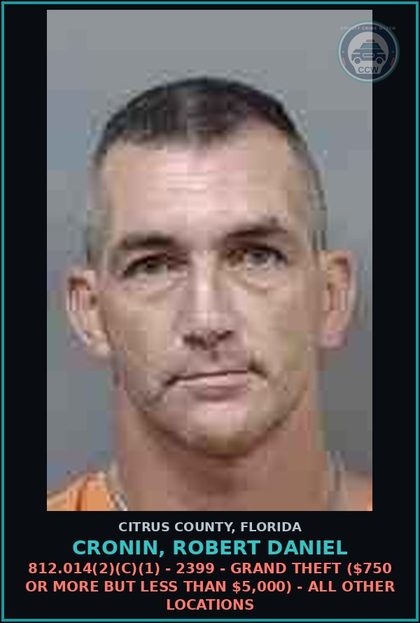 CCW arrest card for CRONIN, ROBERT DANIEL in Citrus County: 812.14(2)(C) - 2399 - HINDER/INTERFERE WITH METER/DEVICE - THEFT OF UTILITY SERVICES