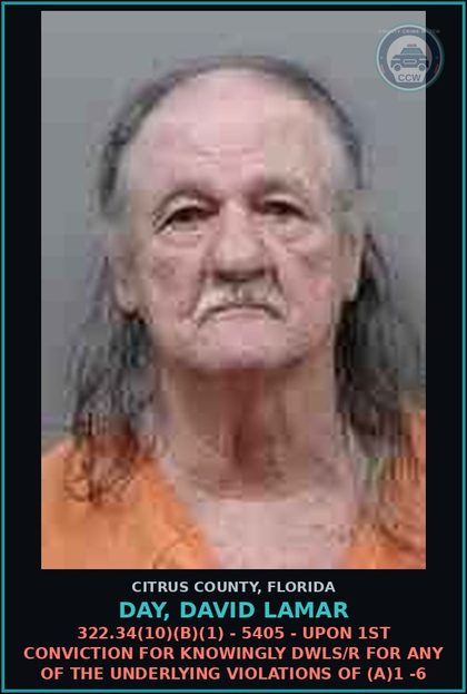 CCW arrest card for DAY, DAVID LAMAR in Citrus County: 322.34(10)(B)(1) - 5405 - UPON 1ST CONVICTION FOR KNOWINGLY DWLS/R FOR ANY OF THE UNDERLYING VIOLATIONS OF (A)1 -6