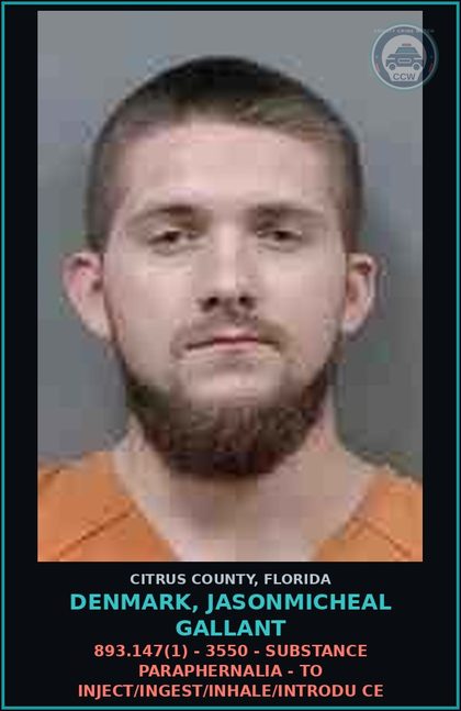 CCW arrest card for DENMARK, JASONMICHEAL GALLANT in Citrus County: 893.147(1) - 3550 - DRUG PARAPHERNALIA - TO INJECT/INGEST/INHALE/INTRODU CE
