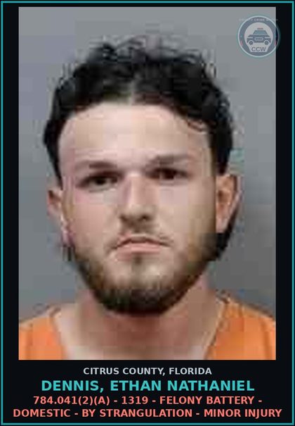 CCW arrest card for DENNIS, ETHAN NATHANIEL in Citrus County: 784.041(2)(A) - 1319 - FELONY BATTERY - DOMESTIC - BY STRANGULATION - MINOR INJURY