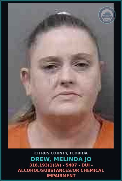 CCW arrest card for DREW, MELINDA JO in Citrus County: 316.193(1)(A) - 5407 - DUI - ALCOHOL/DRUGS/OR CHEMICAL IMPAIRMENT