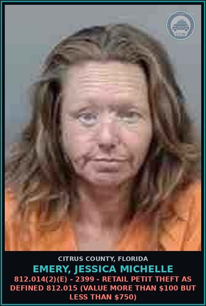 CCW arrest card for EMERY, JESSICA MICHELLE in Citrus County: 812.014(2)(E) - 2399 - RETAIL PETIT THEFT AS DEFINED 812.015 (Value more than $100 but less than $750)