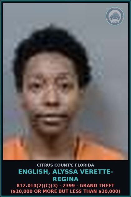 CCW arrest card for ENGLISH, ALYSSA VERETTE- REGINA in Citrus County: 812.014(2)(C)(3) - 2399 - GRAND THEFT ($10,000 OR MORE BUT LESS THAN $20,000)