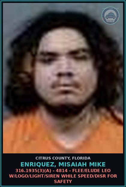 CCW arrest card for ENRIQUEZ, MISAIAH MIKE in Citrus County: 316.1935(3)(A) - 4814 - FLEE/ELUDE LEO W/LOGO/LIGHT/SIREN WHILE SPEED/DISR FOR SAFETY