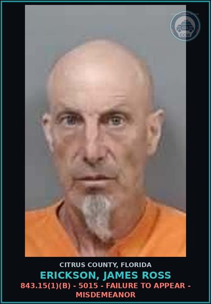 CCW arrest card for ERICKSON, JAMES ROSS in Citrus County: 843.15(1)(B) - 5015 - FAILURE TO APPEAR - MISDEMEANOR